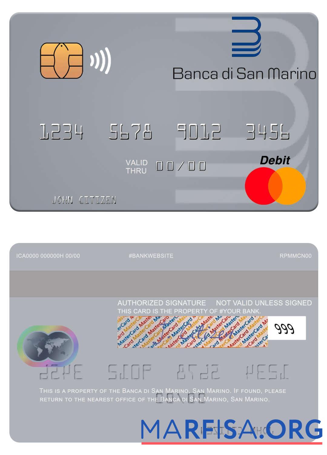 Realistic San Marino Banca di San Marino mastercard template